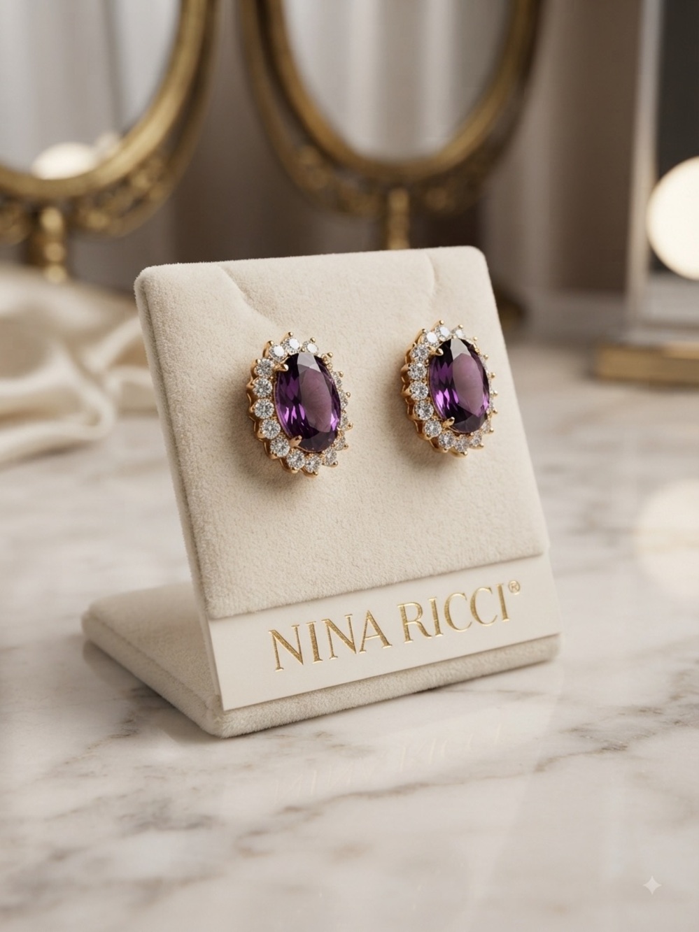 Nina Ricci Gold-Tone Earrings with Deep Purple Stones and Crystal Halo